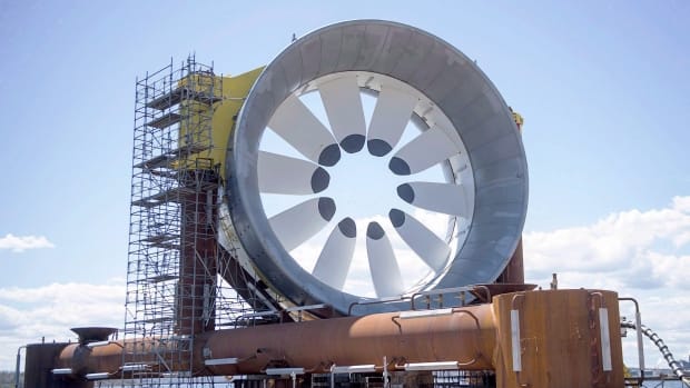 A turbine for the Cape Sharp Tidal project is seen at the Pictou Shipyard in Pictou, N.S., on May 19, 2016.