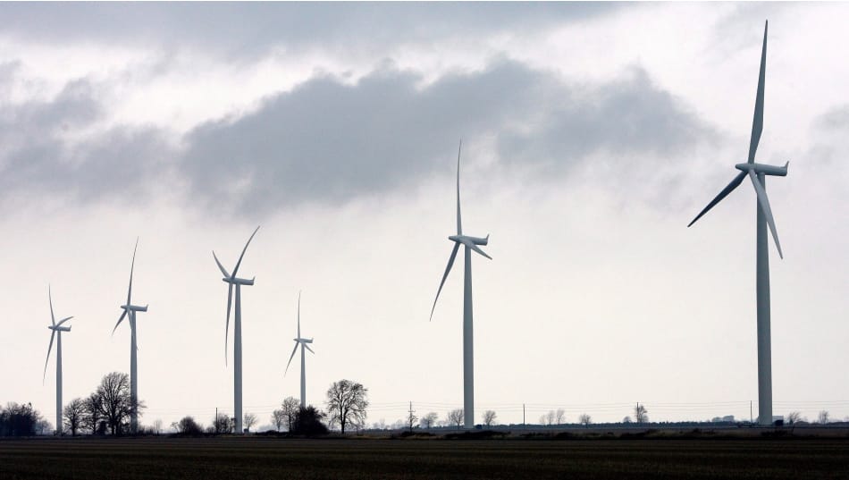 Wind turbines are shown at the opening of a 44-turbine wind farm near Port Alma, Ontario